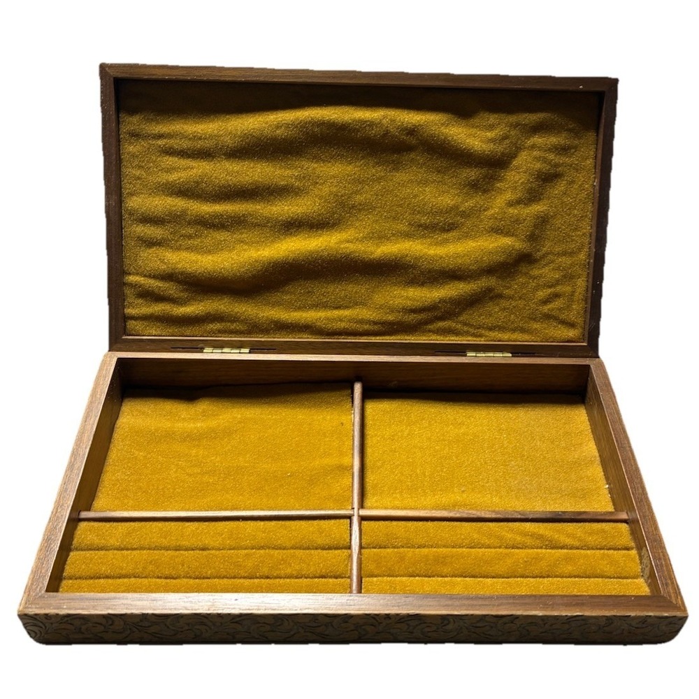 Jewelry Box Geometric‎ Wood Carved Side Velvet Mustard Lining Vintage MCM *flaws
